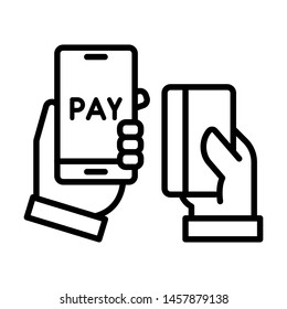 Mobile payment icon, hands holding mobile with card. Stroke outline style. Vector. Isolate on white background.