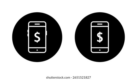 Icono de pago móvil dentro del círculo negro. Smartphone banca y símbolo de signo de dólar