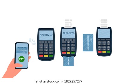 Mobile payment icon set isolated on white background. Wireless paying with POS and smartphone. Human hands holding credit cards. Flat style.