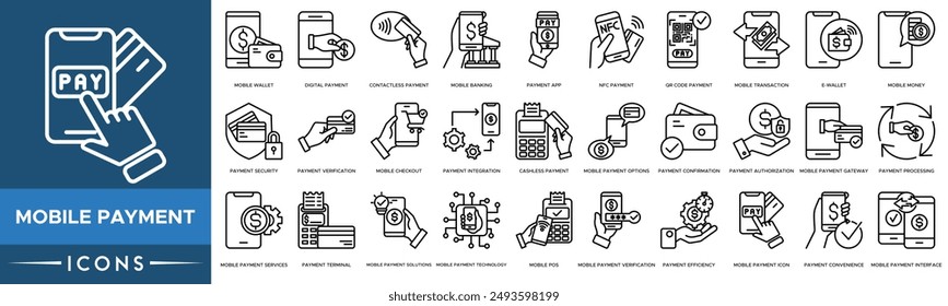 Mobile Payment icon set. Wallet, Digital Payment, Contactless Payment, Mobile Banking, Payment App, NFC , QR Code , Mobile Transaction, E-Wallet and Mobile Money