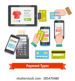 Mobile Payment Icon Set. Wireless Paying With POS And Smartphone. Human Hands Holding Credit Cards. Flat Style Vector.