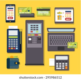 Mobile payment icon set. Wireless paying with POS and smartphone. Human hands holding credit cards. Flat style vector.