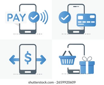 Ícones de pagamento móvel ilustram transações digitais com smartphone, incluindo pagamento sem contato, uso de cartão de crédito, transferência de dinheiro e compras on-line com presente