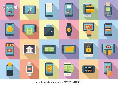 Mobile payment icons set flat vector. Money bank. Mobile online
