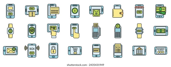 Mobile payment icons set outline vector. Money bank. Mobile online color line isolated