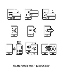 Mobile payment icons set. Stroke outline style. Vector. Isolate on white background.