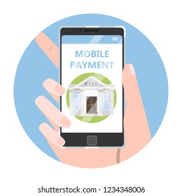 Mobile payment. Idea of a digital transaction through modern device. Electronic technology concept. Vector illustration in cartoon style