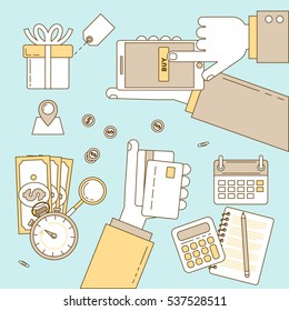 Mobile payment illustration. Sending and receiving money via internet. Line illustration with hands and money