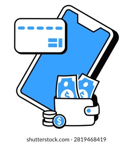 Mobile payment illustration with smartphone, payment card and wallet for secure cashless transactions