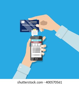 Mobile payment illustration. Vector flat style illustration. Mobile payment machine, online payment, cashless payment. 