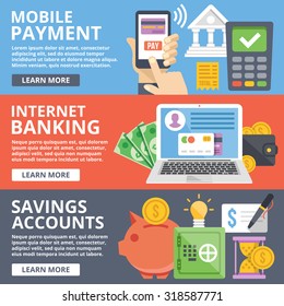 Mobile payment, internet banking, business, savings accounts flat illustration concepts set. Modern flat design concept for web banners, web sites, printed materials, infographics. Vector illustration