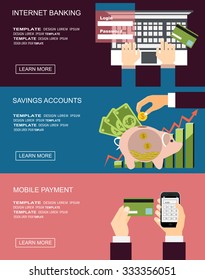 Mobile payment, internet banking, business, savings accounts flat illustration concepts set. Modern flat design concept for web banners, web sites, printed materials, infographics. Vector illustration