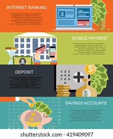 Mobile payment, internet banking, business, savings accounts flat illustration concepts set. Modern flat design concept for web banners, web sites, printed materials, infographics. Vector illustration
