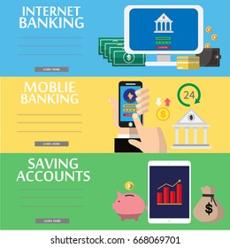 Mobile payment, internet banking, business, savings accounts flat illustration concepts set. Modern flat design concept for web banners, printed materials, info-graphics. Vector illustration