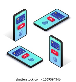 Mobile payment isometric concept. 3d set of smartphone with credit card, fingerprint, button pay on screen. Online transaction, electronic banking concept. Vector illustration for web, app, advert