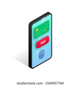 Mobile payment isometric design. 3d smartphone with credit card, fingerprint, button pay on screen. Online transaction, money transfer, electronic banking concept. Vector illustration for web, app, ad