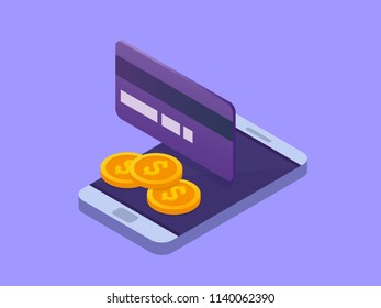 Mobile payment isometric icon. Money transaction, business, mobile banking and mobile payments. Vector 3d isometric illustration.