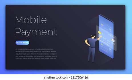 Mobile payment. Isometric illustration of man choosing card for online payment. Online payment concept page design