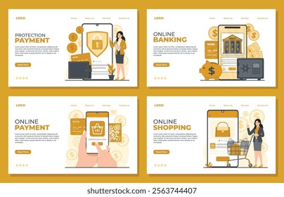 Mobile payment landing page template set concept online payment online shopping online banking protection payment