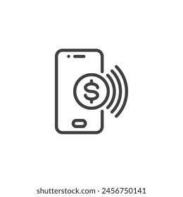 Mobile Payment line icon. linear style sign for mobile concept and web design. Smartphone and dollar coin outline vector icon. Online payment symbol, logo illustration. Vector graphics