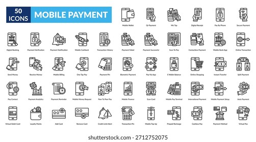 Conjunto de Ícones da Linha de Pagamento Móvel. Adicionar Cartão, App Pay, Pagamento Automático, Banner, Autenticação Biométrica, Oferta de Cashback, Pagamento Sem Dinheiro