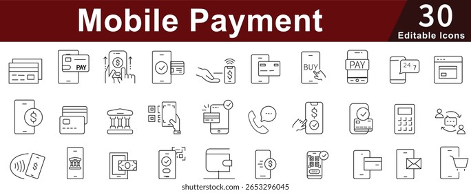 Iconos de línea de pago móvil: Vectores de billetera digital, comercio electrónico y transacciones en línea