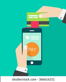 

Mobile payment with man hands holding smartphone, credit card and red payment processing device, concept of paying technology, flat modern vector illustration design isolated green background