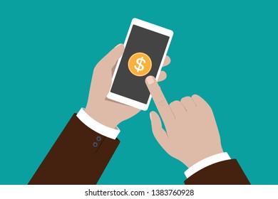 Mobile payment. Man hold smartphone in his hand. Vector illustration.
