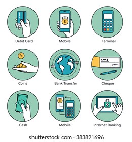 Mobile Payment and payment methods icons in circles.