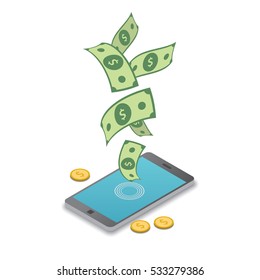 Mobile payment. Money flying out of phone. Isometric Illustration for your design. 