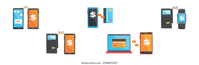 Mobile Payment and Money Transaction with Device Vector Set
