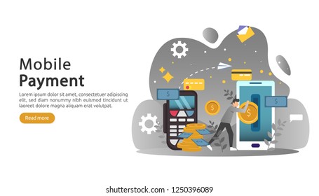 mobile payment or money transfer concept. E-commerce market shopping online illustration with tiny people character. template for web landing page, banner, presentation, social media, print media.