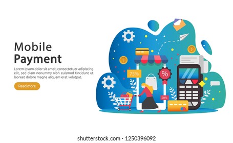 mobile payment or money transfer concept. E-commerce market shopping online illustration with tiny people character. template for web landing page, banner, presentation, social media, print media.
