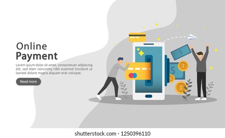 mobile payment or money transfer concept. E-commerce market shopping online illustration with tiny people character. template for web landing page, banner, presentation, social media, print media.