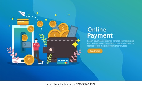 mobile payment or money transfer concept. E-commerce market shopping online illustration with tiny people character. template for web landing page, banner, presentation, social media, print media.