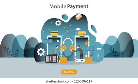 mobile payment or money transfer concept. E-commerce market shopping online illustration with tiny people character. template for web landing page, banner, presentation, social media, print media.