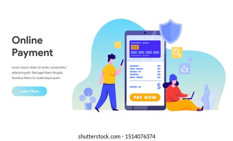 Mobile payment or money transfer concept. E-commerce market shopping online illustration with people character. template for web landing page, banner, presentation, social media, print