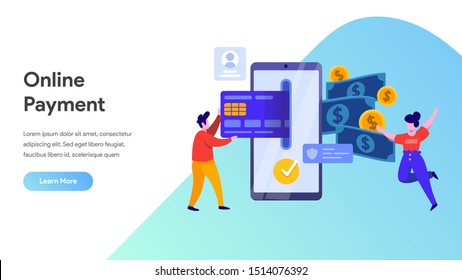 Mobile payment or money transfer concept. E-commerce market shopping online illustration with people character. template for web landing page, banner, presentation, social media, print