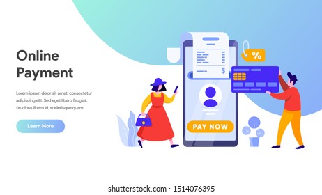 Mobile payment or money transfer concept. E-commerce market shopping online illustration with people character. template for web landing page, banner, presentation, social media, print