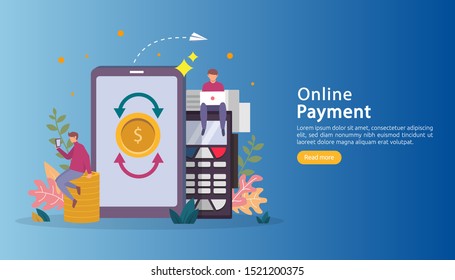 mobile payment or money transfer concept. E-commerce market shopping online illustration with tiny people character. template for web landing page, banner, presentation, social media, print media.