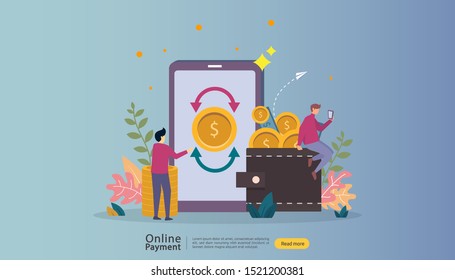 mobile payment or money transfer concept. E-commerce market shopping online illustration with tiny people character. template for web landing page, banner, presentation, social media, print media.