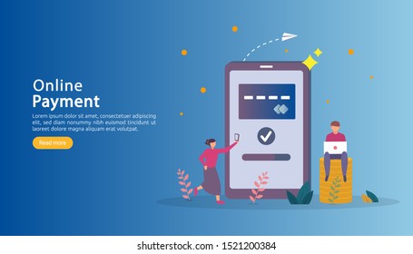 mobile payment or money transfer concept. E-commerce market shopping online illustration with tiny people character. template for web landing page, banner, presentation, social media, print media.