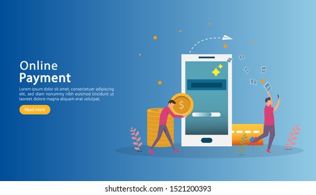 mobile payment or money transfer concept. E-commerce market shopping online illustration with tiny people character. template for web landing page, banner, presentation, social media, print media.
