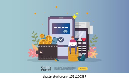 mobile payment or money transfer concept. E-commerce market shopping online illustration with tiny people character. template for web landing page, banner, presentation, social media, print media.