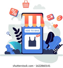 Mobile payment or money transfer concept. E-commerce market shopping online illustration with tiny people character.