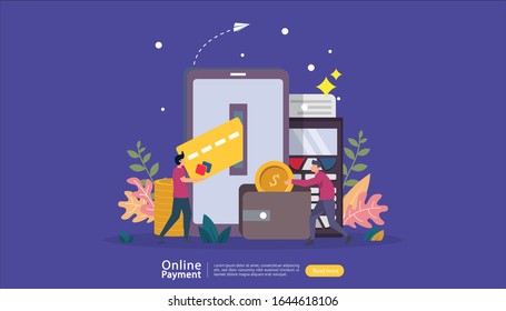 mobile payment or money transfer concept for E-commerce market shopping online illustration with tiny people character.  