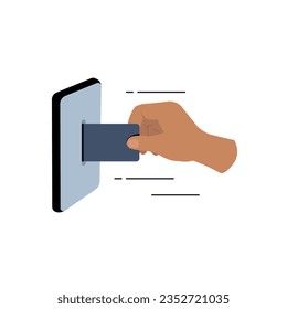 Mobile payment or money transfer concept. Purchase and bill. Hand holding card with paying online on mobile. 