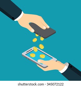 Mobile Payment Money Transfer Flat 3d Isometry Isometric Financial Transaction Concept Web Vector Illustration. Coin Drop Raining From One Smart Phone To Another. Creative People Collection.