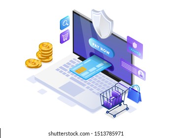 Mobile payment or money transfer with laptop concept. E-commerce market shopping online Isometric illustration. Template for web landing page, banner, presentation, social media, print media