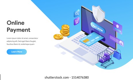 Mobile payment or money transfer with laptop concept. E-commerce market shopping online Isometric illustration. Template for web landing page, banner, presentation, social media, print media